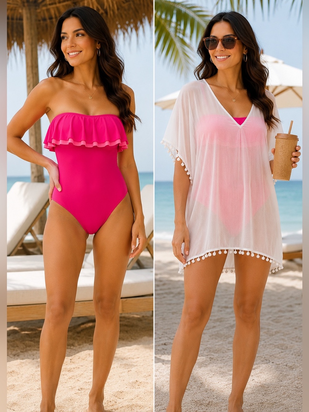 CONTOURS By COCO REEF Hot Pink One Piece Swimsuit & WEST LOOP  White Coverup Set